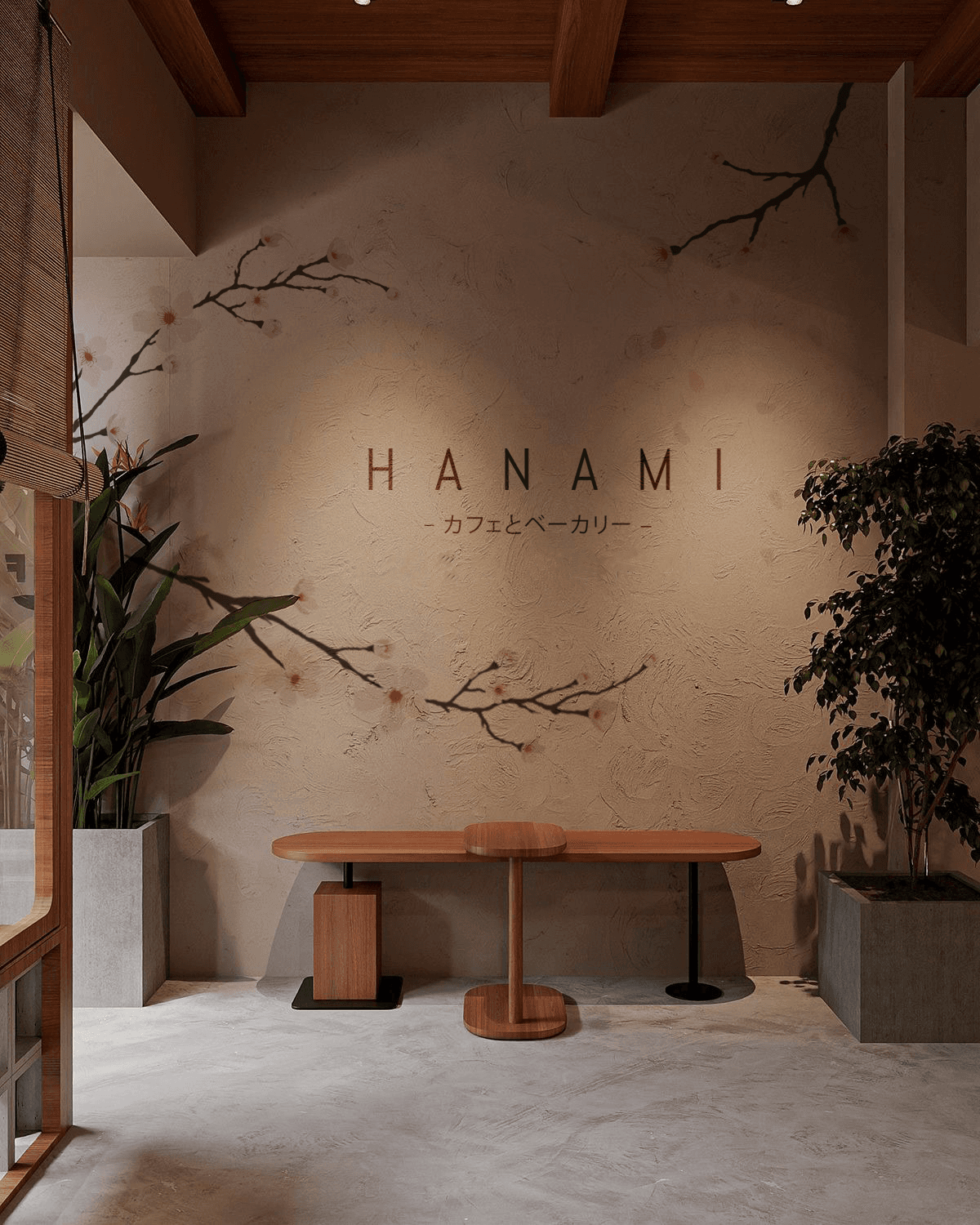 Hanami cafe interior wall with logo and cherry blossom mural
